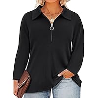 RITERA Plus Size Tops for Women Black Polo Blouses Long Sleeves Business Casual Shirts Work Casual V Neck Half Zip Up Blouse Ladies Dressy Shirt Loose Fitting Ladies Tops for Office 2XL 18W 20W