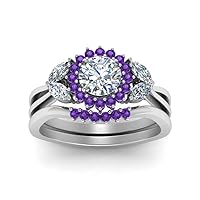 Choose Your Gemstone Flower Halo Split Shank Diamond CZ Ring Set sterling silver Round Shape Wedding Ring Sets Everyday Jewelry Wedding Jewelry Handmade Gifts for Wife US Size 4 to 12