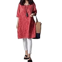 Women's Casual Cotton Linen Dresses 3/4 Sleeve Crew Neck Floral Embroidered A Line Vintage Midi Dress with Pockets