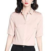 Summer Women's Blouse Solid Tops Shirts Blouses for Women Short Sleeve Real Silk Office Lady Work Shirt