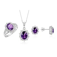 Rylos Sterling Silver Princess Diana Inspired Set: Ring, Earrings & Pendant with Chain. Gemstone & Diamonds, 9X7MM & 8X6MM Earrings Birthstone. Matching Jewelry Set. Sizes 5-10.