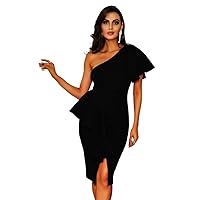 Fall Dresses for Women 2023 One Shoulder Flutter Sleeve Ruffle Slit Hem Bodycon Dress Dresses for Women (Color : Black, Size : Large)