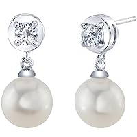 Peora 8mm Freshwater Cultured White Pearl and Cubic Zirconia Dangle Drop Earrings 925 Sterling Silver, April Birthstone