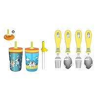 Zak Designs Bluey Kelso Tumbler Set, 15 fl.oz. Leak-Proof Screw-On Lid with Straw, Bundle for Kids Includes Plastic and Stainless Steel Cups & Bluey Kid Flatware Fun Character Art on Both Utensils