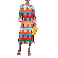 Elegant Contrast Color Patchwork Loose Dress Women O Neck Sleeve Split Female Vacation Streetwear Outfits