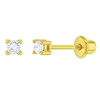 Gold Plated Extra Small Round Cubic Zirconia Screw Back Baby Earrings 2mm - Classic and Traditional Safety Screw Back Earrings for Baby Girls - Stylish Jewelry Gift for Newborns and Babies