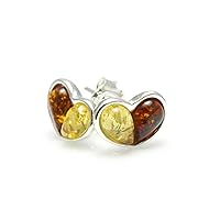 NATURAL BALTIC AMBER STERLING SILVER 925 Small Heart Earrings Stud Multicolour NATURAL Gemstone Amber Jewellery For Woman