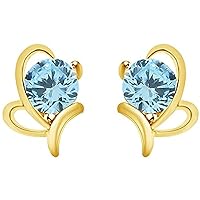 ABHI Created Round Cut Aquamarine Gemstone In 925 Sterling Silver 14K Gold Finish Diamond Cute Butterfly Stud Earring for Women's & Girl's