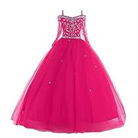VeraQueen Girl's Princess Crystal Long Sleeves Pageant Dresses Tulle Beaded Straps Ball Gowns Flower Girl Dress