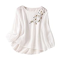 Women's Floral Embroidered Tops Cotton Linen Cute Long Sleeve Blouses Summer Casual Vintage Crew Neck Babydoll Shirts