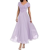 Tea Length Mother of The Bride Dresses for Wedding with Sleeves Lace Appliques V Neck Formal Evening Party Gowns YB27