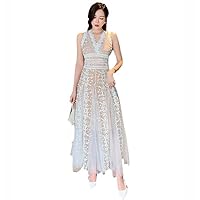 Elegant Summer Mesh Embroidery Long Dress Runway Women V Neck Sleeveless Flower Slim Waist Party