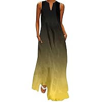 LIXIAO Summer Dresses for Women 2024,V Neck Sleeveless Dress Floral Flowy Long Dresses Autumn Long Maxi Dress