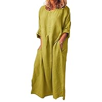 Women's Maxi Dresses 3/4 Sleeve Crewneck Solid Long Dress with Pockets Floor Length Cotton Linen Baggy Shirt Dress