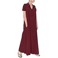 Women's Casual Loose V Neck Cotton Linen Long Dress Plus Size Summer Beach Maxi Dress Flowy Sundress with Pockets