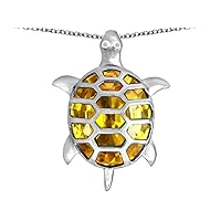 Sterling Silver Good Luck Turtle Pendant Necklace with Oval Stone