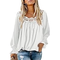 Ladmous Womens Casual Square Neck Tops Flowy Long Sleeve Shirts Lace Crochet Blouse