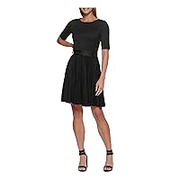 DKNY Womens Stretch Pleated Pullover Elbow Sleeve Round Neck Short Evening Fit + Flare Dress
