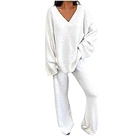 Womens Fuzzy Fleece Pajamas Set Long Sleeve Pjs Soft Loungewear Solid Pants Set 2 Piece Outfit Baggy Warm Sleepwear