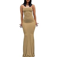 Multitrust Women Casual Lounge Slip Long Dress Spaghetti Strap Maxi Dress Y2K Cami Dresses Bodycon for Evening Party