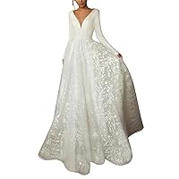 VeraQueen Women's Modern Double V Neck Satin Wedding Dresses A Line Long Sleeve Lace Train Bridal Gowns