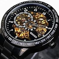 FENKOO Men's Skull Watch Automatic Winding Transparent Dial Stainless Steel Band Wrist Watch Black/Silver