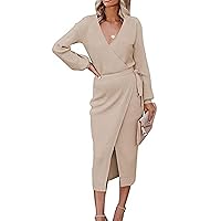 Women's Elegant V Neck Wrap Knit Dresses Long Batwing Sleeve Backless Sweater Dress Slit Pullover Maxi Dress with Belted