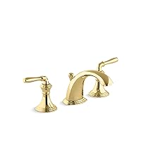 KOHLER 394-4-PB Devonshire Widespread Bathroom Faucet with Pop-Up Drain Assembly, 3-Hole 2-Handle Bathroom Sink Faucet, 1.2 gpm, Vibrant Polished Brass