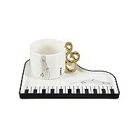 Koythin Ceramic Coffee Mug Saucer Set, Creative Cute Piano Shaped Cup with Spoon and Saucer for Office and Home, 6.5 oz/200 ml for Tea Latte Milk, Mothers Day Gifts (Elegant White)