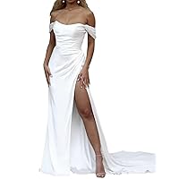 Mermaid Off Shoulder Wedding Dresses for Bride Satin Bridal Gown with Slit for Women