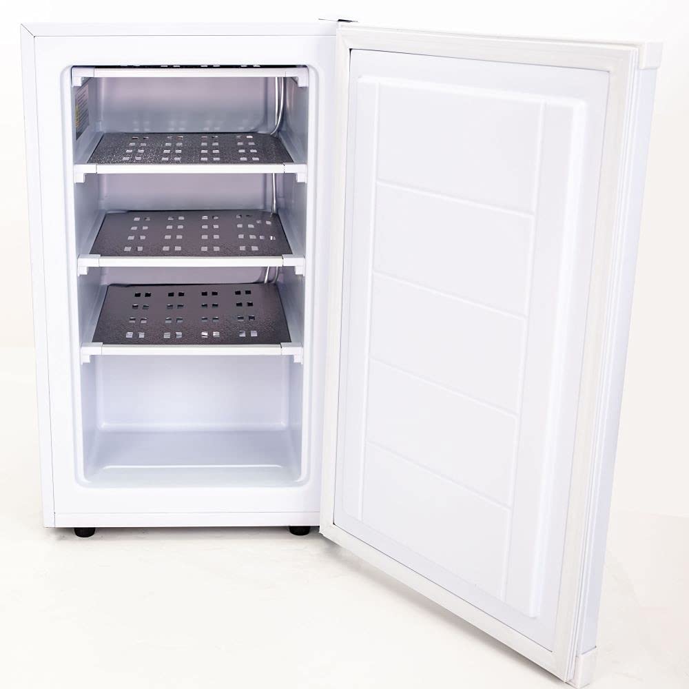 Avanti VF306 Compact Upright Freezer with 3 Metal Shelves, Adjustable Temperature Control, Flush-Back Design Perfect for Homes, Garages, Basements, White