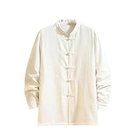 Men's Chinese Style Retro Buttoned Cotton Linen Shirts Autumn Loose Trendy Casual Comfortable Solid Simple Tops