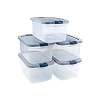 Rubbermaid Roughneck Clear 50 Qt/12 Gal Storage Containers, Pack of 5 with Latching Grey Lids, Visible Base, Sturdy and Stackable, Great for Storage and Organization
