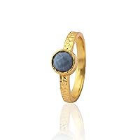 Gold Plated Gemstone Brass Single Stone Ring | Blue Opal Round Shape Handmade Statement Bezel Sett Ring | Gift For Her Jewelry | 2120)13