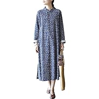 Women's Long Sleeve Collar Floral Long Cheongsam Dress Cotton Qipao Style B Navy M