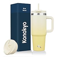 30 oz Tumbler with Handle and 2 Straws,2 in 1 Lid Insulated Water Bottle Stainless Steel Travel Coffee Mug,Lemon