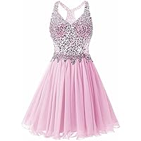 Women's Spaghetti Strap Beaded Homecoming Dresses Short Chiffon Prom Gown Cocktail Dress