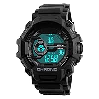 FeiWen Mens Large Dial Simple Design Digital Sports Watches Outdoor Military Army 5ATM Waterproof Multifunction LED Backlight Stopwatch Alarm Black Plastic Wrist Watch with Rubber Strap