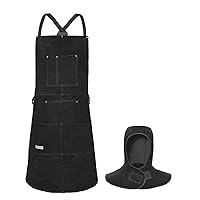 Leather Welding Apron with Welding Hood - 6 Tool Pockets for Men& Women - Work Apron - Ideal for Woodworking, Blacksmithing, Gardeners, Mechanics, BBQ - Adjustable M to XXXL