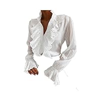 Denim Ruffled Long Button Shirt Blouse Summer Sexy Neck Pleated Chiffon Spring Elegant Office Lady Tops