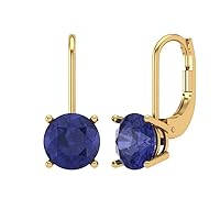 4.0 ct Round Cut Solitaire Genuine Simulated Blue Tanzanite Pair of Lever back Drop Dangle Designer Earrings 14k Yellow Gold