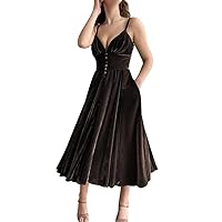 Spaghetti Straps Prom Dresses Velvet Tea Length V-Neck Slit Ruffle Bridesmaid Dresses with Pockets ZA691