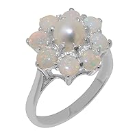 Solid 18k White Gold Cultured Pearl & Opal Womens Cluster Ring - Sizes 4 to 12 Available