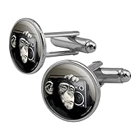 Chimp Monkey With Boombox Radio Round Cufflink Set Silver Color