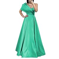 Rjer Women's One Shoulder Satin Prom Dresses Long Elegant A-line Ball Gown with Pockets Wedding Evening Dress