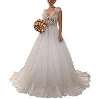 Plus Size Illusion V-Neck Bridal Ball Gowns Train Lace Sequins Wedding Dresses for Bride 2022