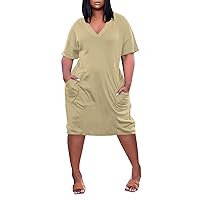 Plus Size Dresses for Women V-Neck Short Sleeve Solid Color Dress Baggy Casual Holiday Pocket Mini Dress