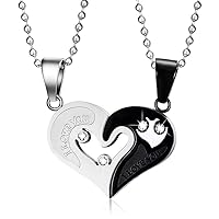 2PCS Stainless Steel Mens Womens Couple Necklace Set Friendship Puzzle CZ I Love You Matching Heart Pendants Valentines Gifts (Black Silver (2pcs))