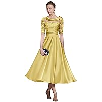 Tea Length Mother of The Bride Dresses with Half Sleeve Lace Appliques Satin Bridesmaid Dresses Evening Formal Gown