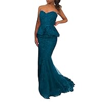 Women's Elegant Spaghetti Straps Peplum Prom Dress Lace Appliques Mermaid Bridesmaid Dresses